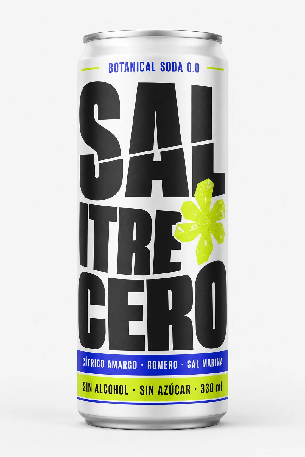 Propuesta G de Salitre Cero: lata blanca con tipografía negra condensada y acentos azules y verde lima