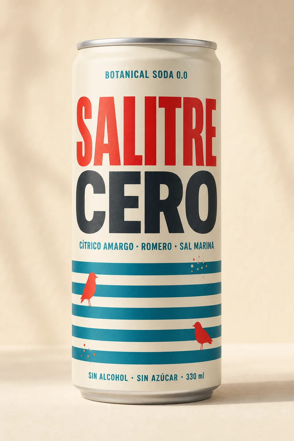 Propuesta H de Salitre Cero: lata costera en tonos crema y coral con franjas horizontales