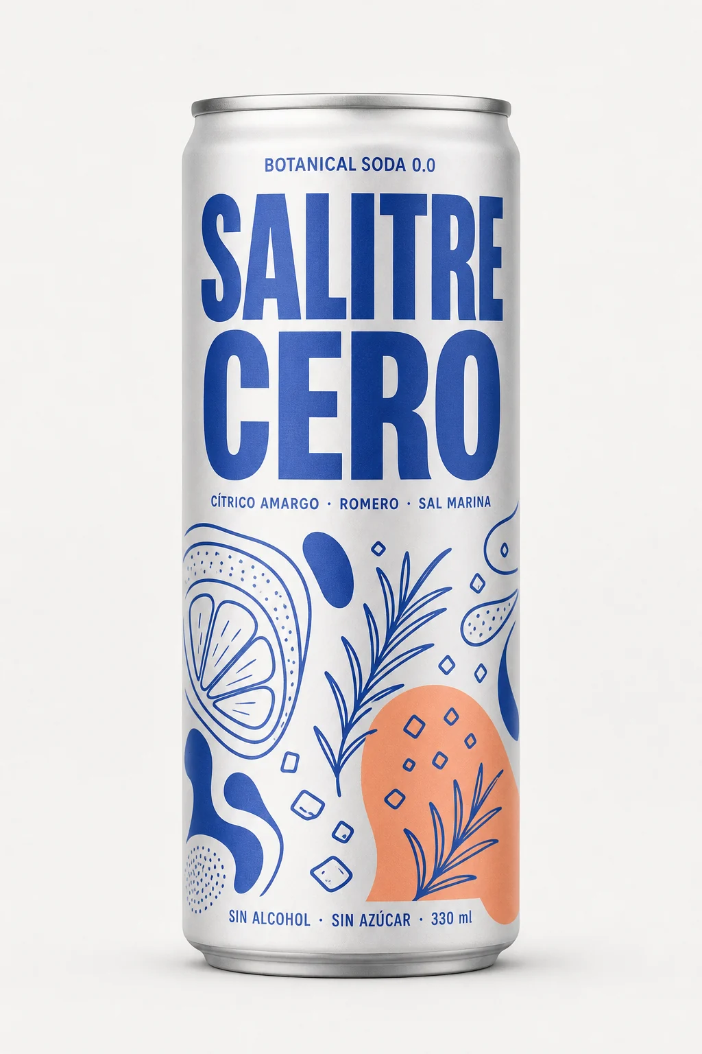 Propuesta I de Salitre Cero: lata blanca con patrón modular geométrico en azul y naranja