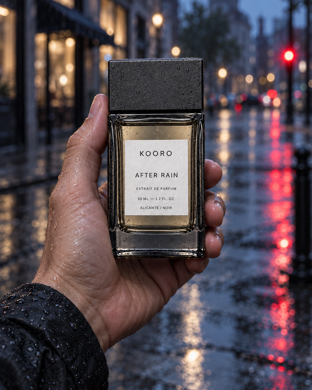 Mano sosteniendo el frasco de perfume AFTER RAIN sobre metal mojado