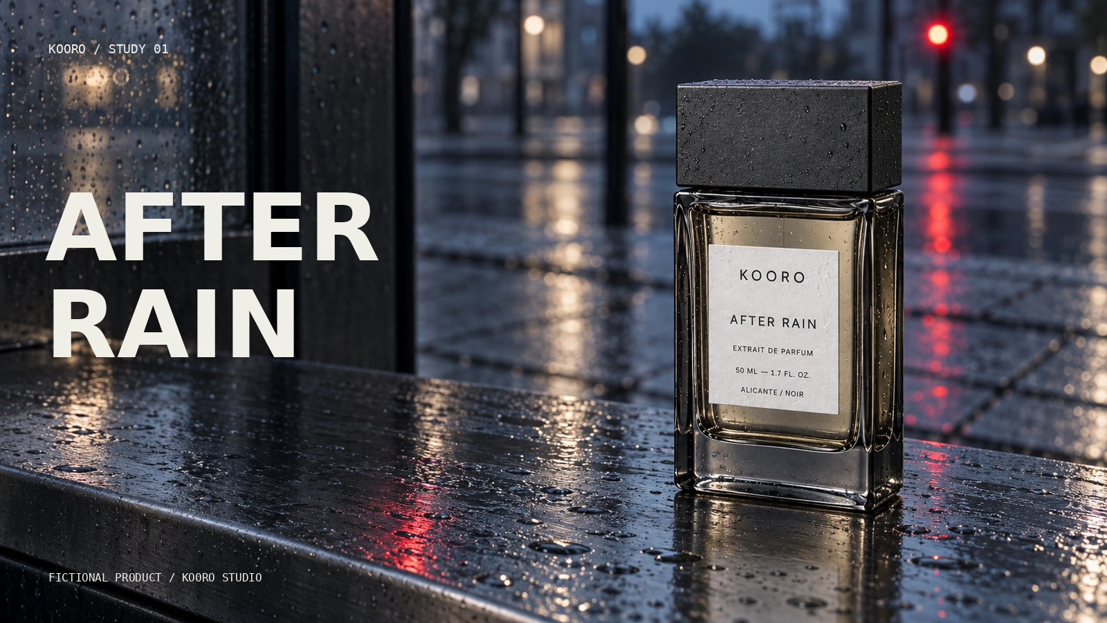 Frasco de perfume AFTER RAIN en una escena exterior amplia después de la lluvia