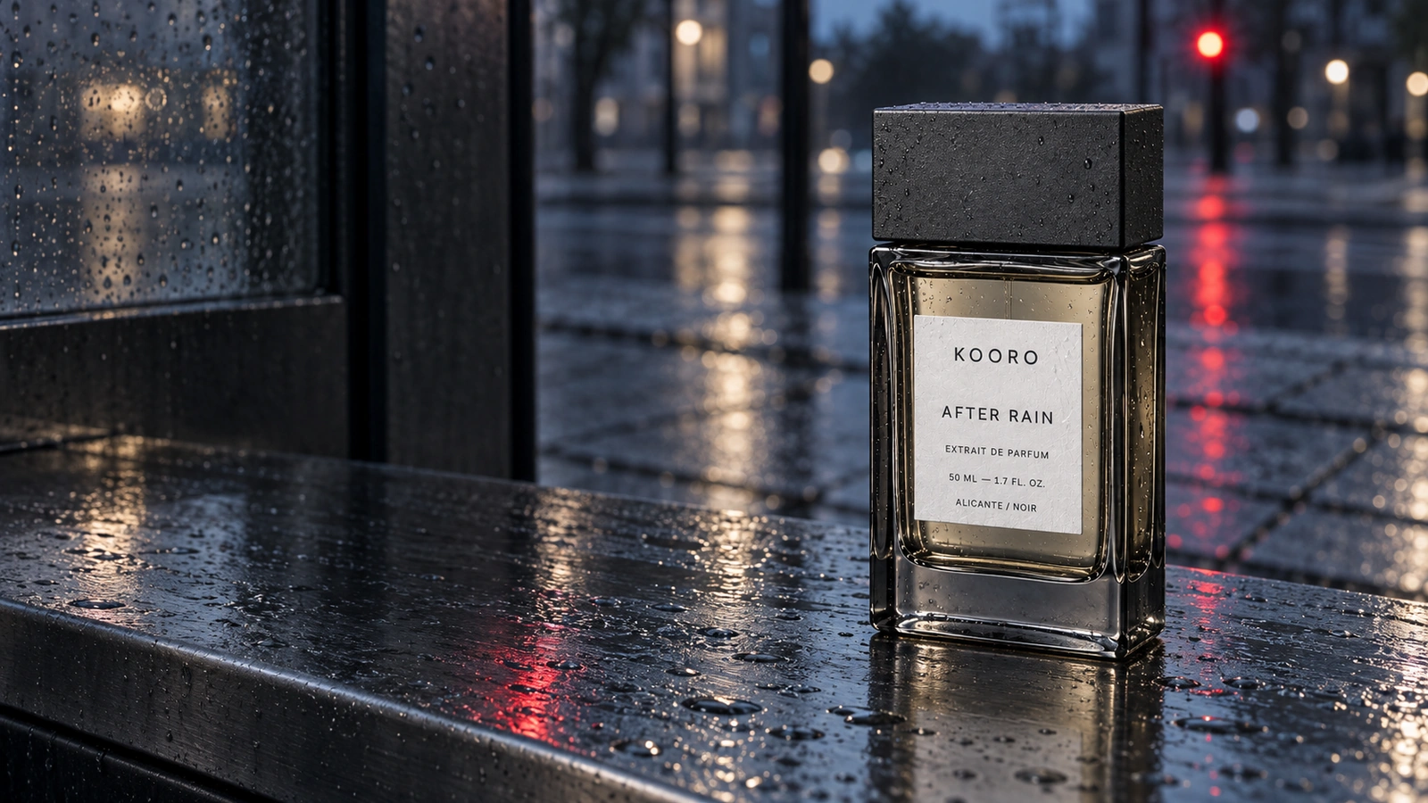 Frasco de perfume AFTER RAIN sobre metal mojado después de la lluvia