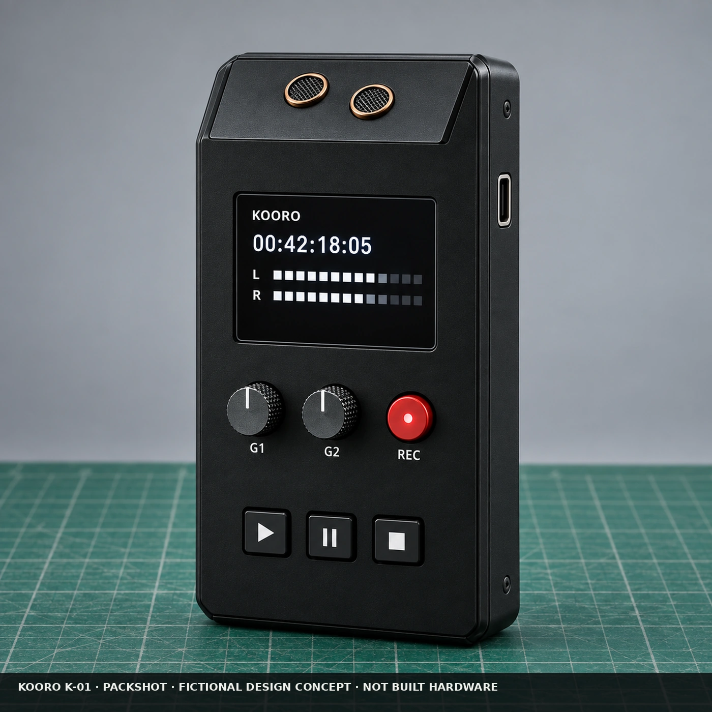 Grabadora de campo KOORO K-01 en un packshot limpio