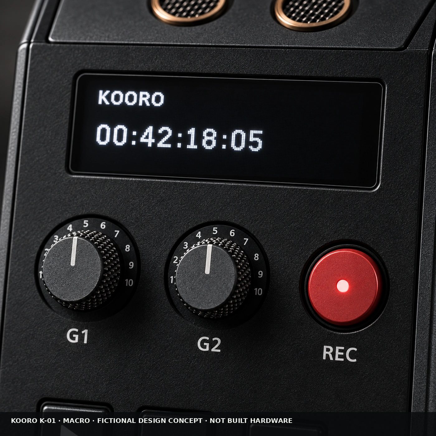 Detalle cercano de los controles y la superficie de la grabadora KOORO K-01