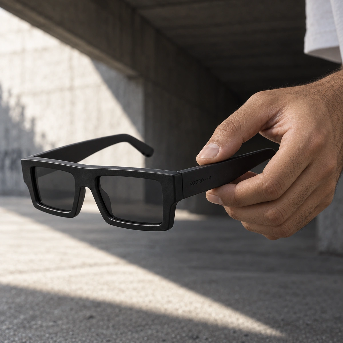 Mano sosteniendo las gafas MONOLITH V01 en un estudio cercano de producto
