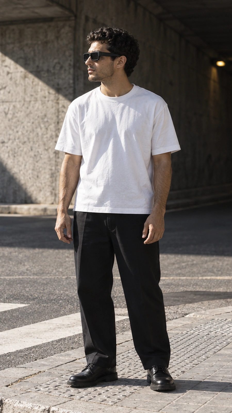 La persona completa junto al paso inferior, con camiseta blanca y gafas MONOLITH, en formato vertical.