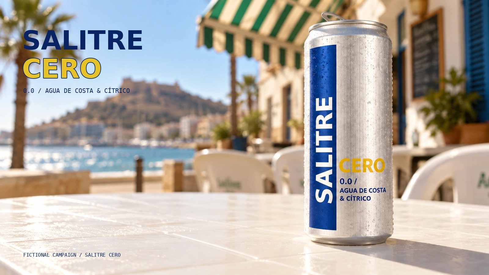 Lata de Salitre Cero en una escena exterior amplia de terraza