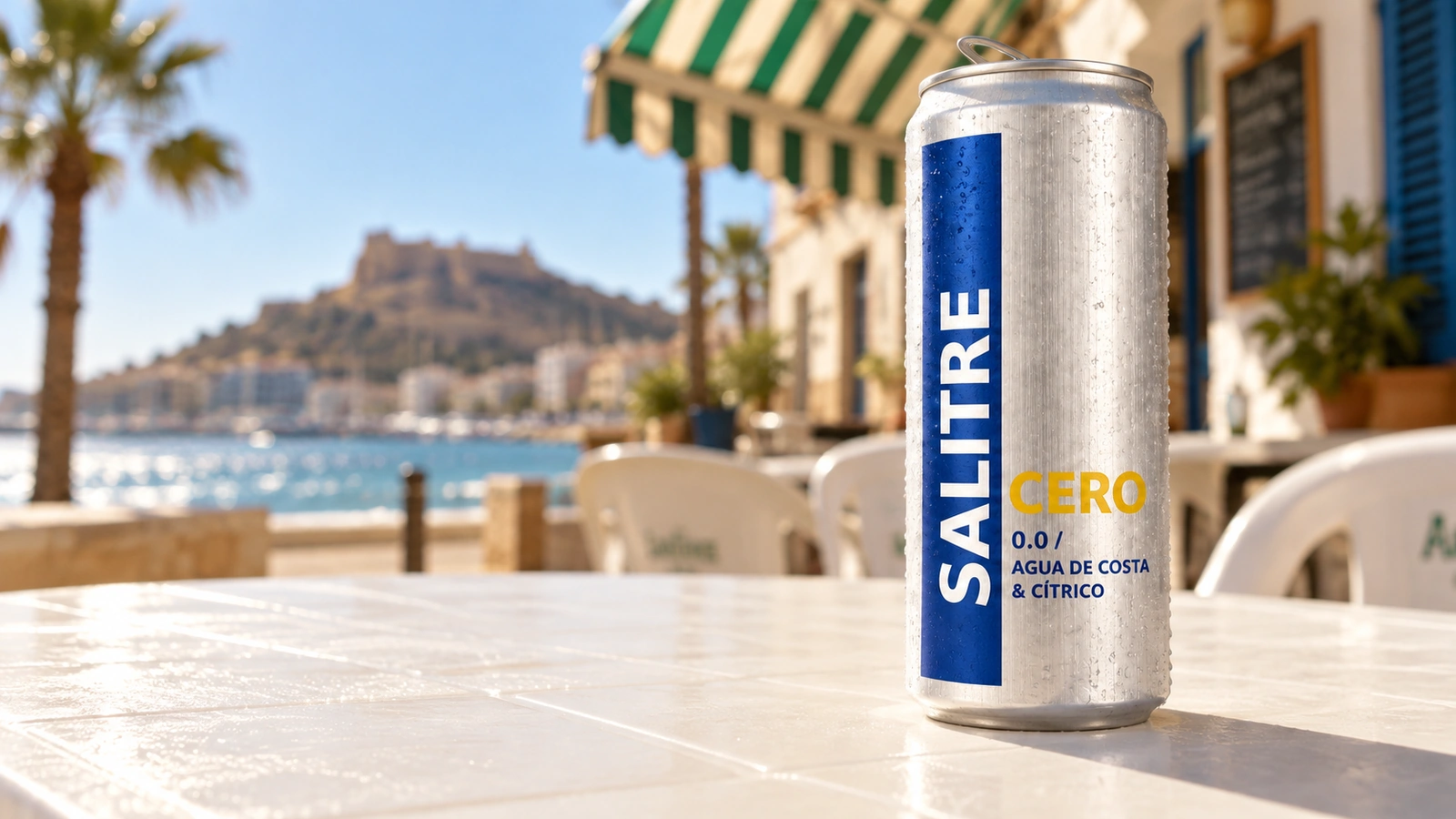 Lata de Salitre Cero sobre una mesa de terraza en una imagen web de campaña